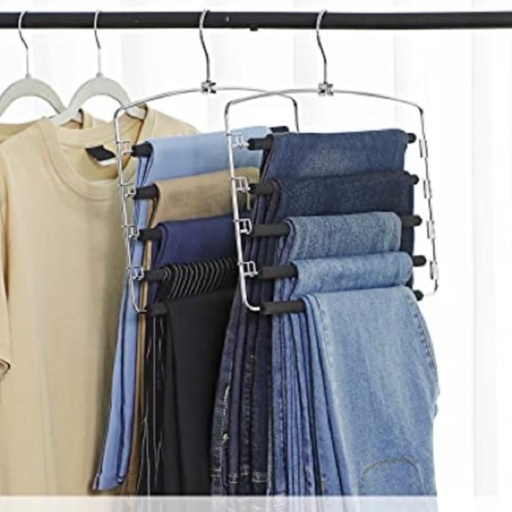 2 Metal No Slip PANT HANGERS Swing Arm 5 Tier Closet Organizer Space-saver